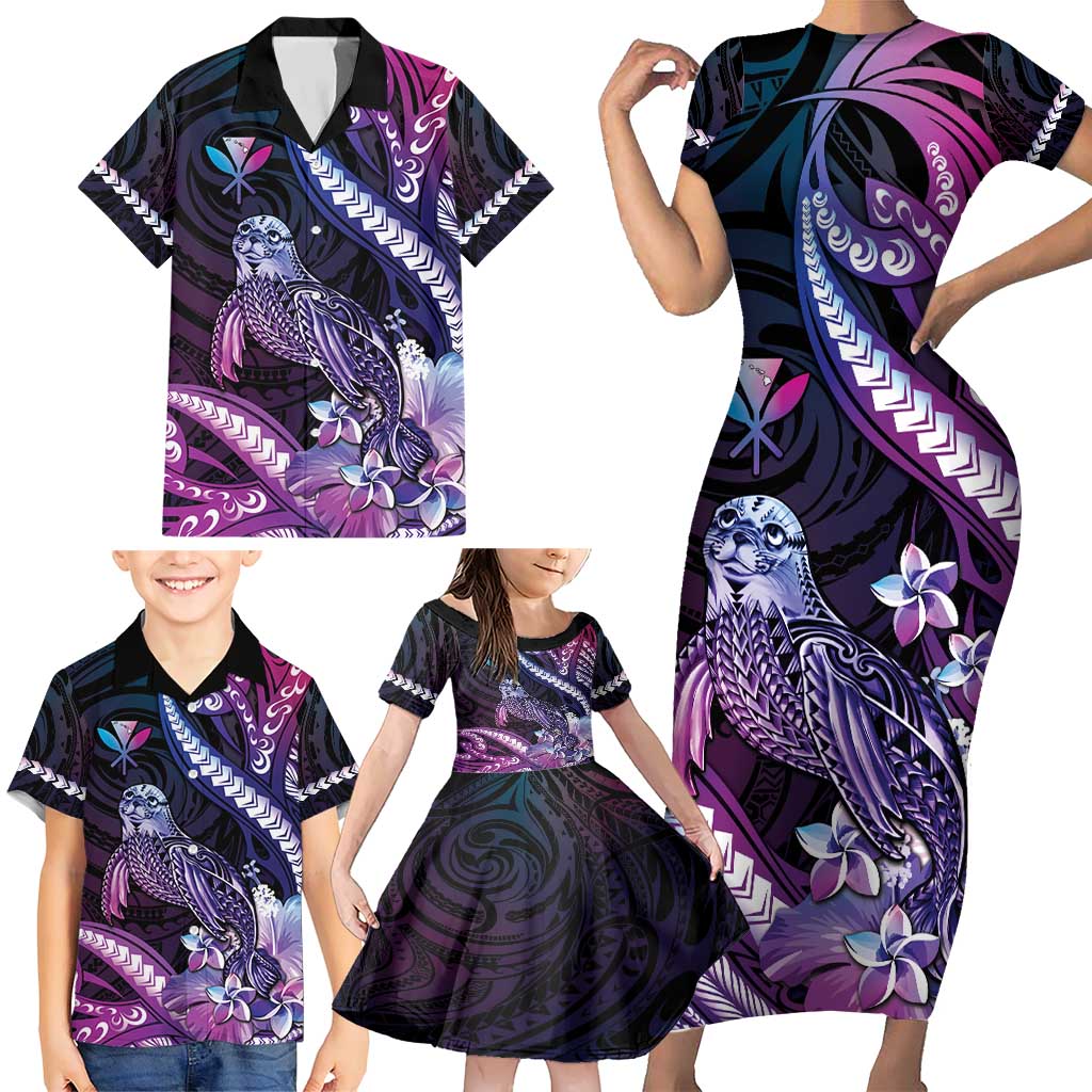 Hawaiian Monk Seal Family Matching Short Sleeve Bodycon Dress and Hawaiian Shirt Kakau Tribal Pattern Violet Gradient