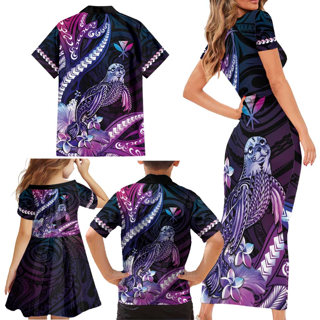 Hawaiian Monk Seal Family Matching Short Sleeve Bodycon Dress and Hawaiian Shirt Kakau Tribal Pattern Violet Gradient LT05 - Polynesian Pride