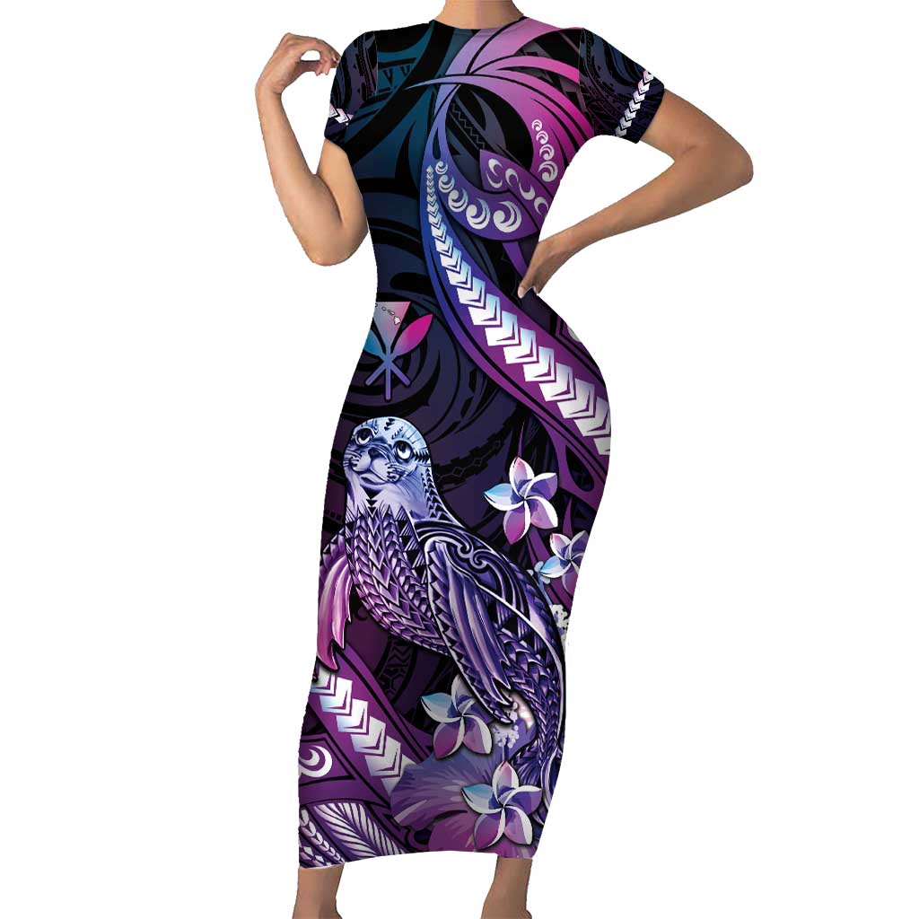 Hawaiian Monk Seal Family Matching Short Sleeve Bodycon Dress and Hawaiian Shirt Kakau Tribal Pattern Violet Gradient LT05 Mom's Dress Violet - Polynesian Pride