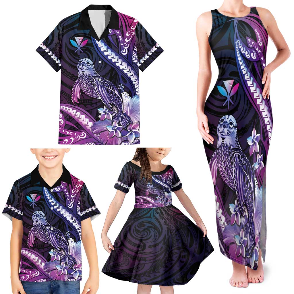 Hawaiian Monk Seal Family Matching Tank Maxi Dress and Hawaiian Shirt Kakau Tribal Pattern Violet Gradient LT05 - Polynesian Pride
