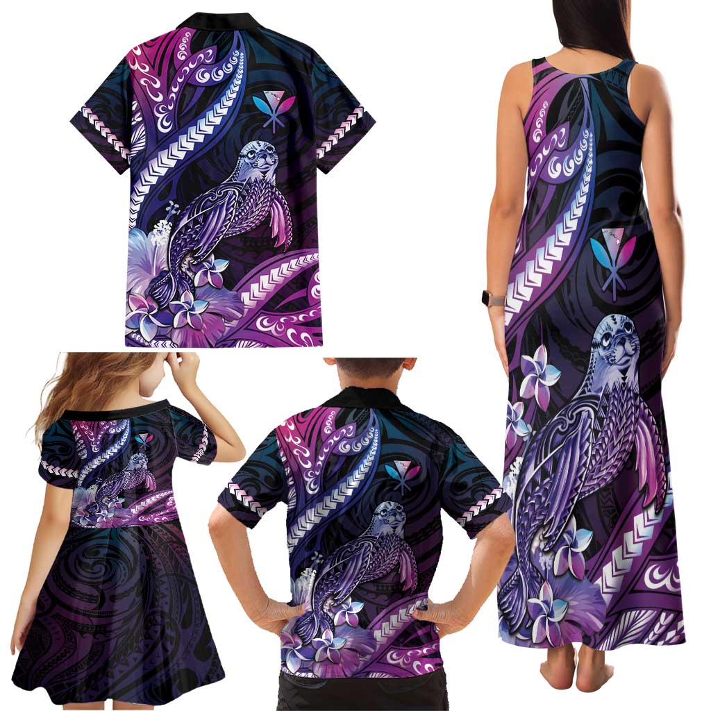 Hawaiian Monk Seal Family Matching Tank Maxi Dress and Hawaiian Shirt Kakau Tribal Pattern Violet Gradient LT05 - Polynesian Pride