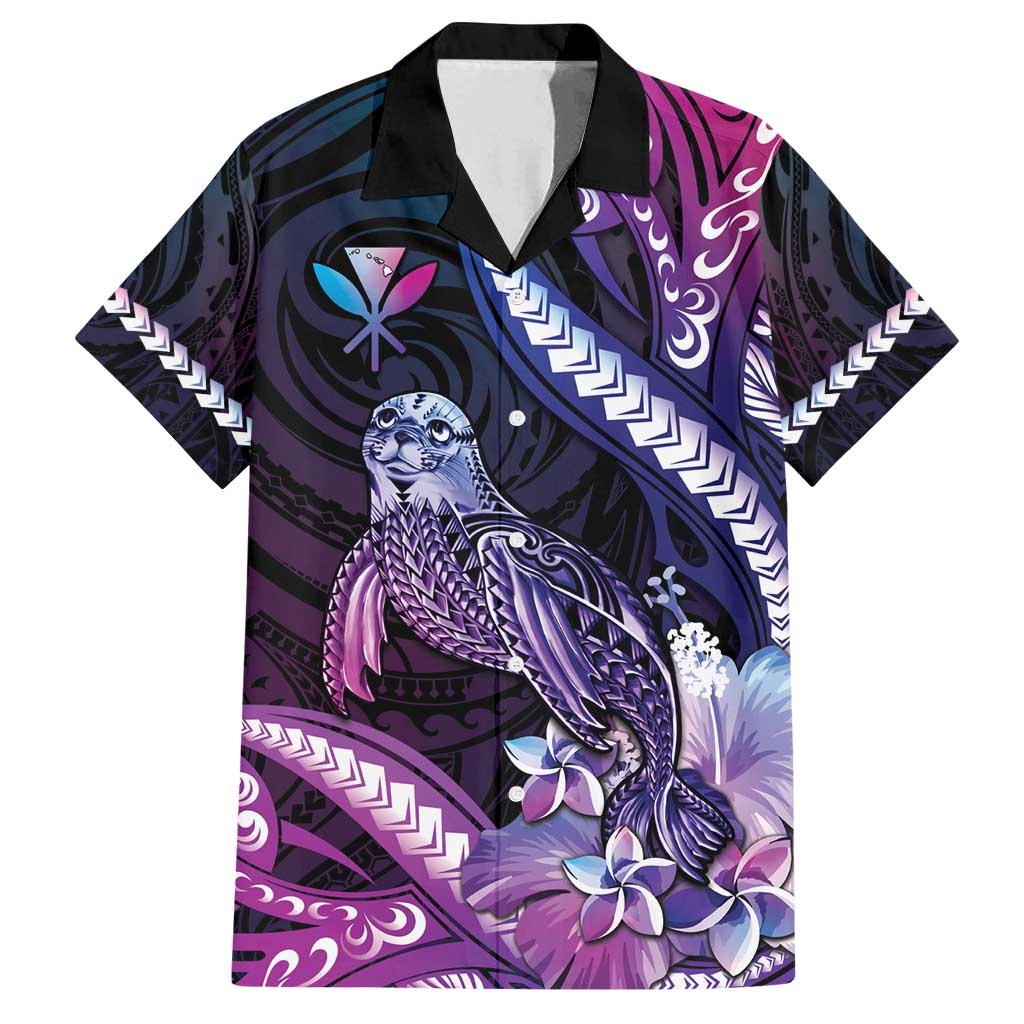 Hawaiian Monk Seal Family Matching Tank Maxi Dress and Hawaiian Shirt Kakau Tribal Pattern Violet Gradient LT05 Dad's Shirt - Short Sleeve Violet - Polynesian Pride