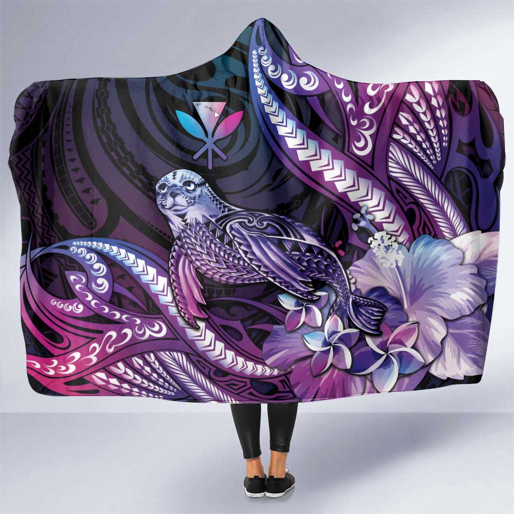 Hawaiian Monk Seal Hooded Blanket Kakau Tribal Pattern Violet Gradient LT05 One Size Violet - Polynesian Pride