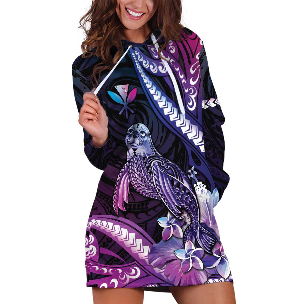 Hawaiian Monk Seal Hoodie Dress Kakau Tribal Pattern Violet Gradient LT05 Violet - Polynesian Pride