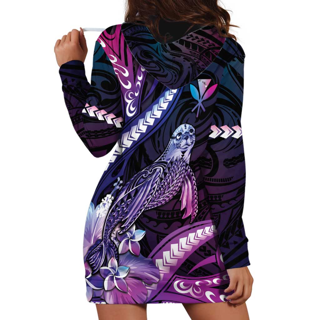 Hawaiian Monk Seal Hoodie Dress Kakau Tribal Pattern Violet Gradient LT05 - Polynesian Pride