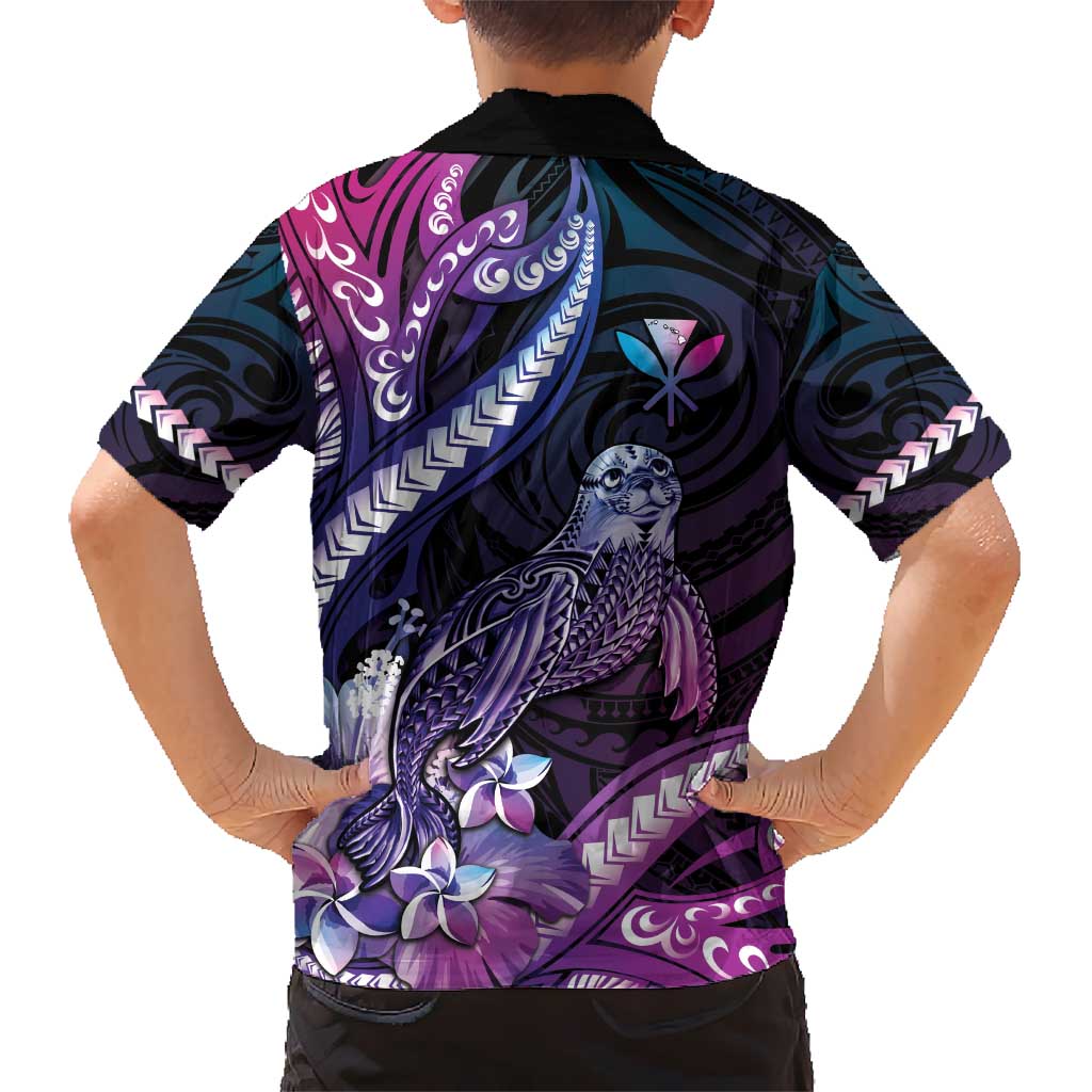 Hawaiian Monk Seal Kid Hawaiian Shirt Kakau Tribal Pattern Violet Gradient
