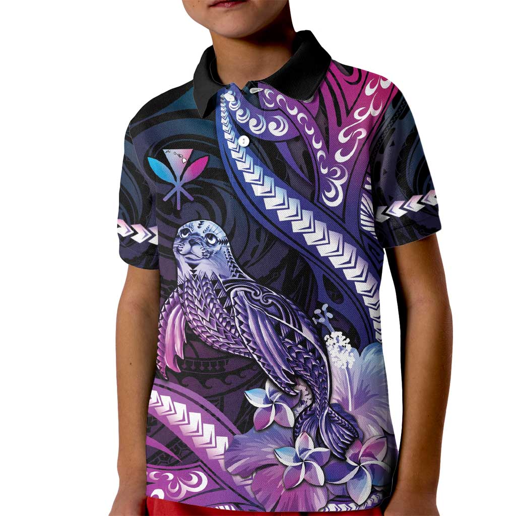 Hawaiian Monk Seal Kid Polo Shirt Kakau Tribal Pattern Violet Gradient