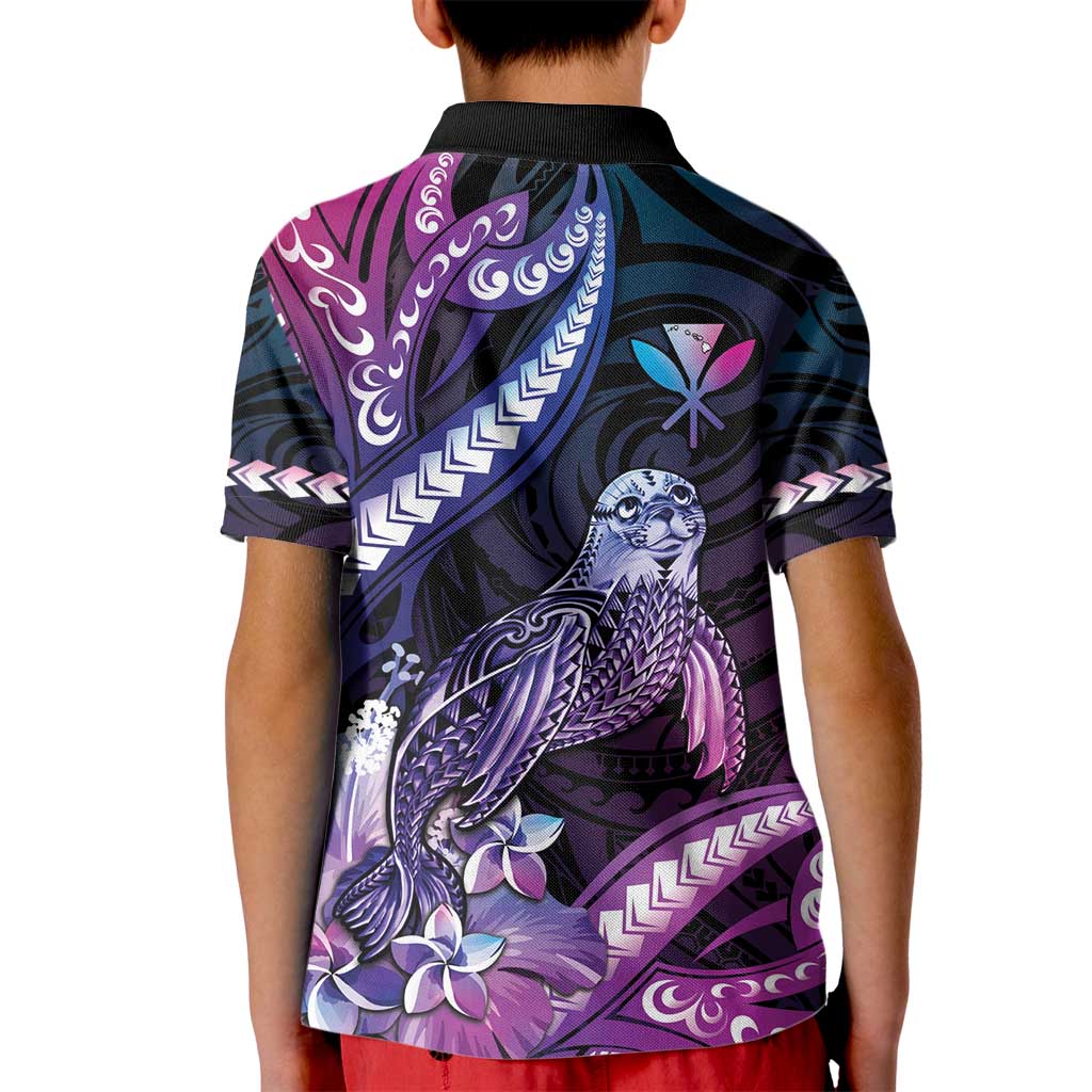 Hawaiian Monk Seal Kid Polo Shirt Kakau Tribal Pattern Violet Gradient