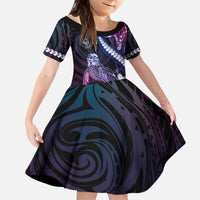 Hawaiian Monk Seal Kid Short Sleeve Dress Kakau Tribal Pattern Violet Gradient
