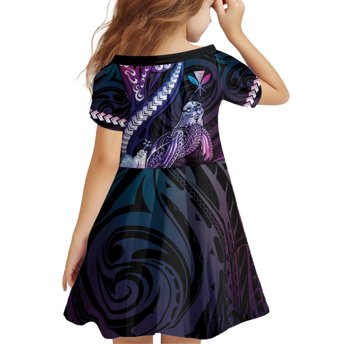 Hawaiian Monk Seal Kid Short Sleeve Dress Kakau Tribal Pattern Violet Gradient