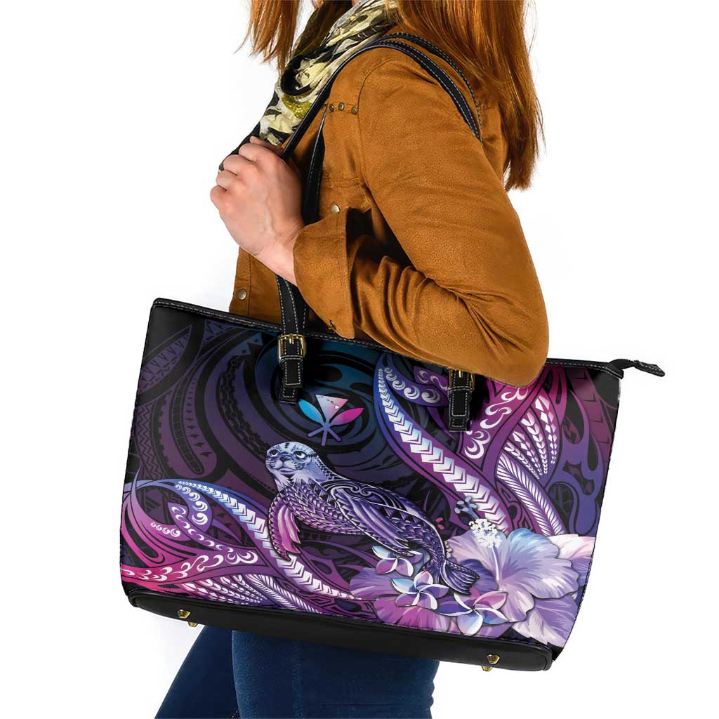 Hawaiian Monk Seal Leather Tote Bag Kakau Tribal Pattern Violet Gradient