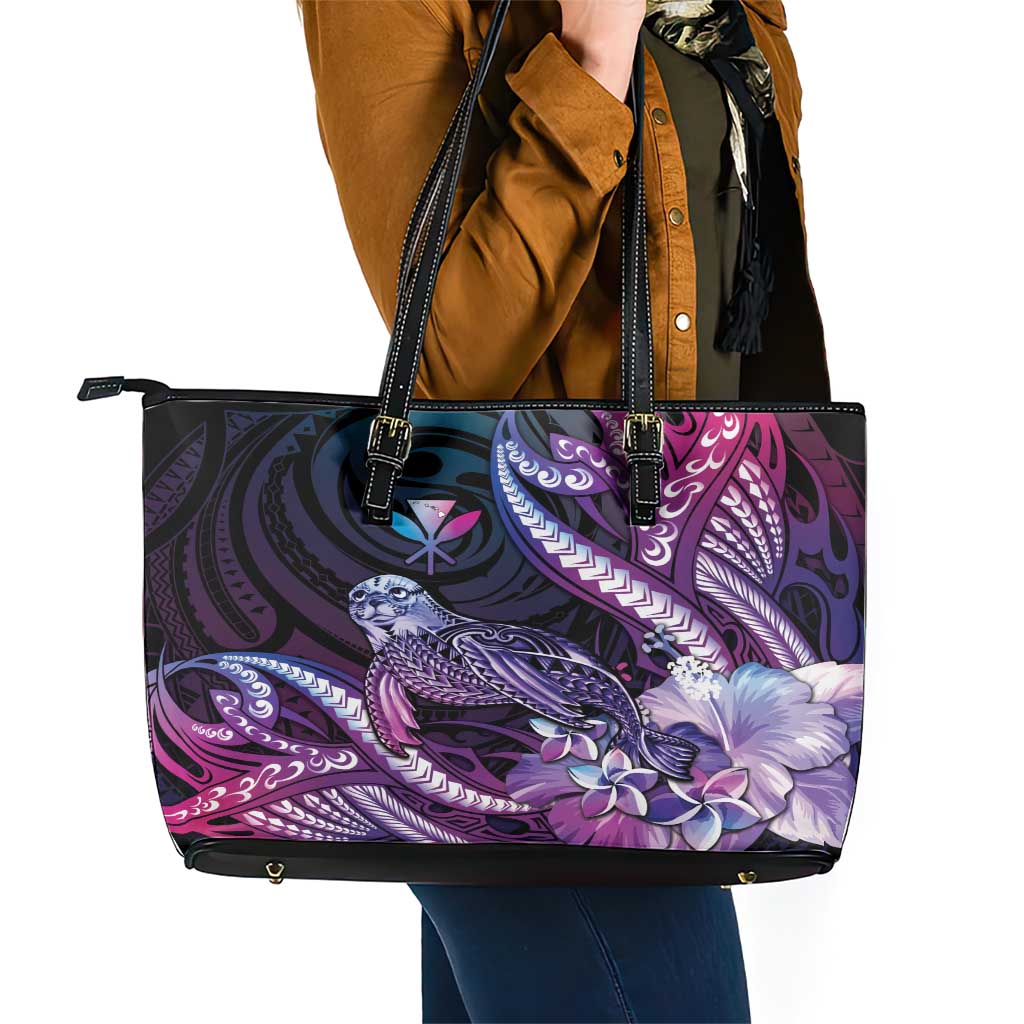 Hawaiian Monk Seal Leather Tote Bag Kakau Tribal Pattern Violet Gradient LT05 - Polynesian Pride