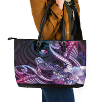 Hawaiian Monk Seal Leather Tote Bag Kakau Tribal Pattern Violet Gradient LT05 - Polynesian Pride