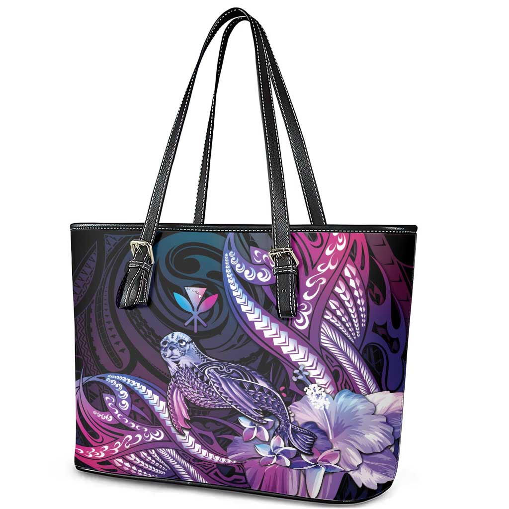 Hawaiian Monk Seal Leather Tote Bag Kakau Tribal Pattern Violet Gradient LT05 - Polynesian Pride