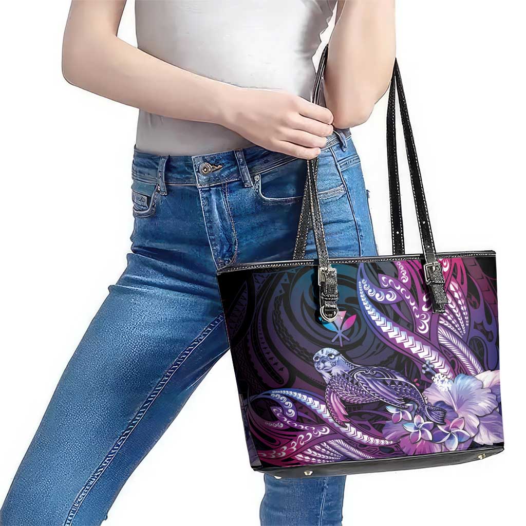 Hawaiian Monk Seal Leather Tote Bag Kakau Tribal Pattern Violet Gradient LT05 - Polynesian Pride