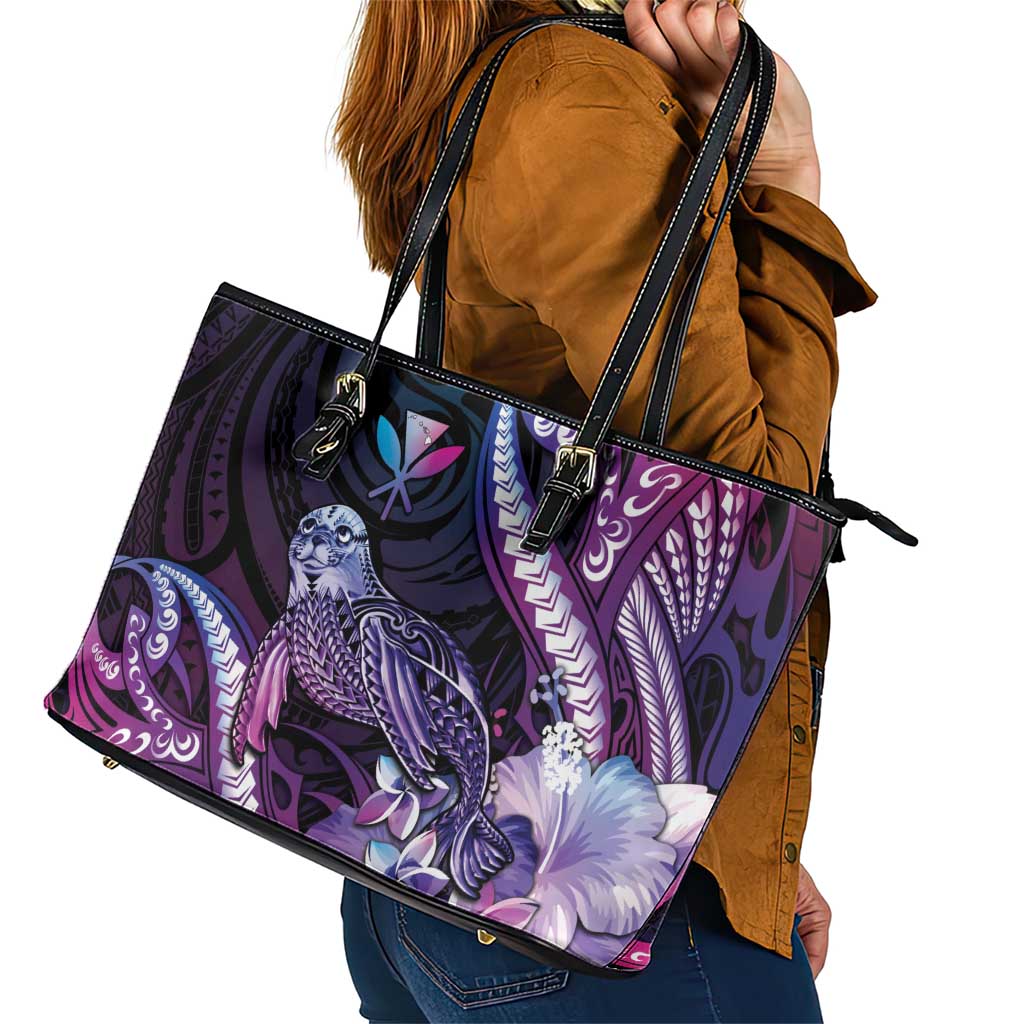Hawaiian Monk Seal Leather Tote Bag Kakau Tribal Pattern Violet Gradient LT05 - Polynesian Pride