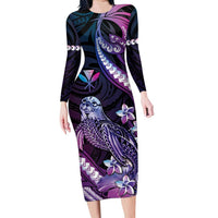 Hawaiian Monk Seal Long Sleeve Bodycon Dress Kakau Tribal Pattern Violet Gradient