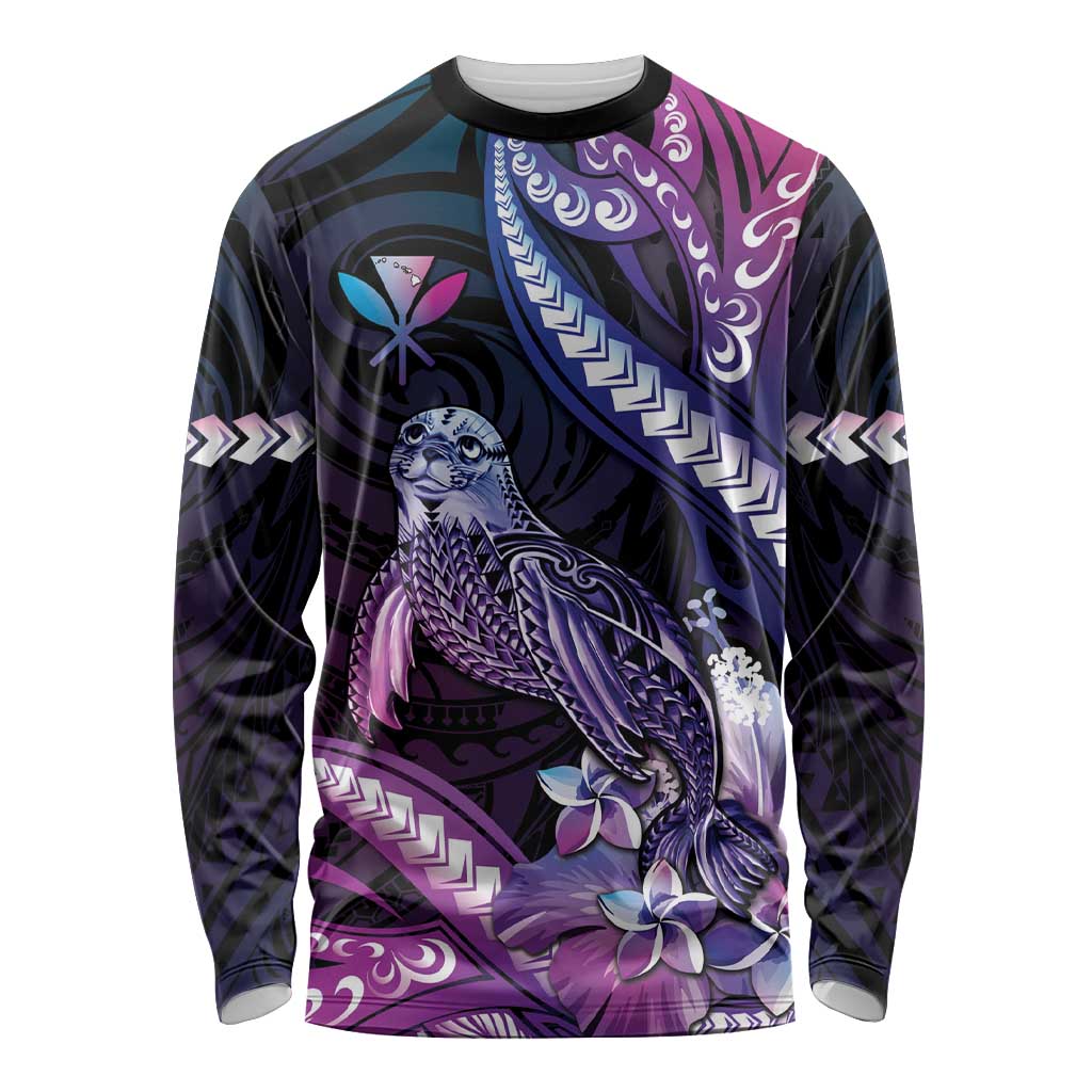 Hawaiian Monk Seal Long Sleeve Shirt Kakau Tribal Pattern Violet Gradient