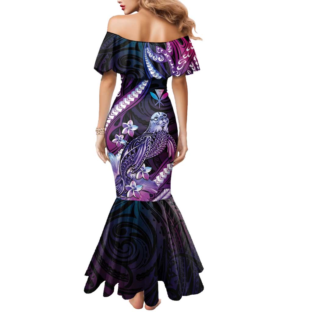 Hawaiian Monk Seal Mermaid Dress Kakau Tribal Pattern Violet Gradient