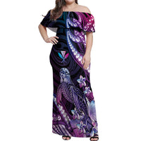 Hawaiian Monk Seal Off Shoulder Maxi Dress Kakau Tribal Pattern Violet Gradient LT05 Women Violet - Polynesian Pride