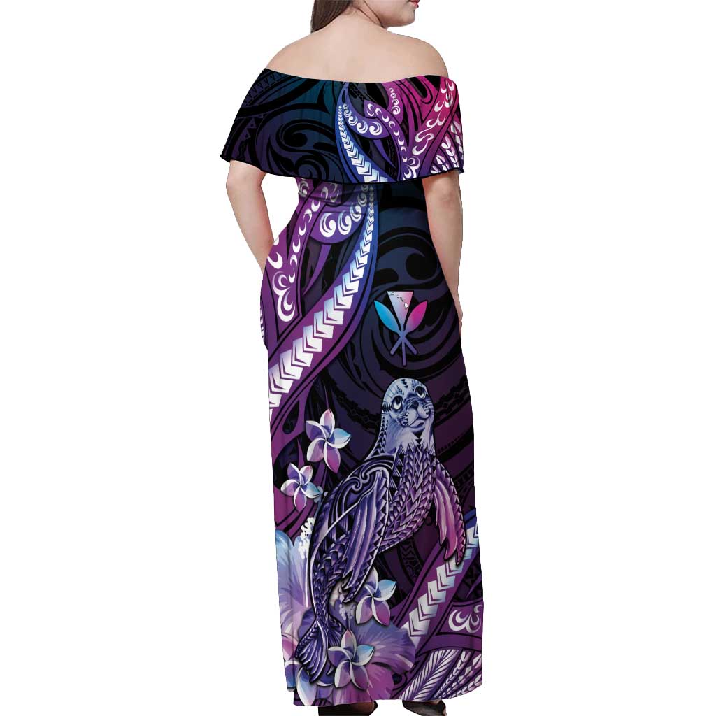 Hawaiian Monk Seal Off Shoulder Maxi Dress Kakau Tribal Pattern Violet Gradient LT05 - Polynesian Pride