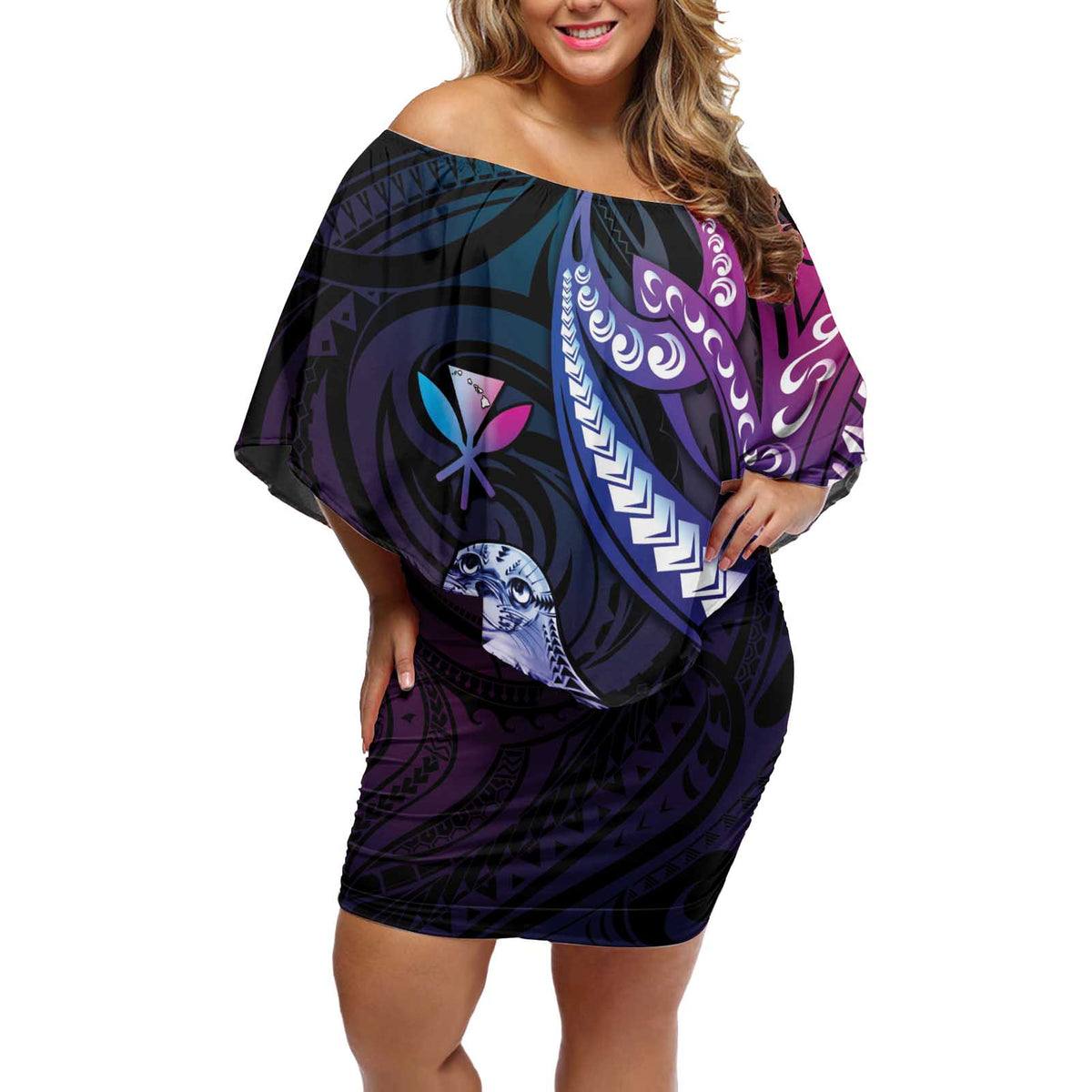Hawaiian Monk Seal Off Shoulder Short Dress Kakau Tribal Pattern Violet Gradient LT05 Women Violet - Polynesian Pride
