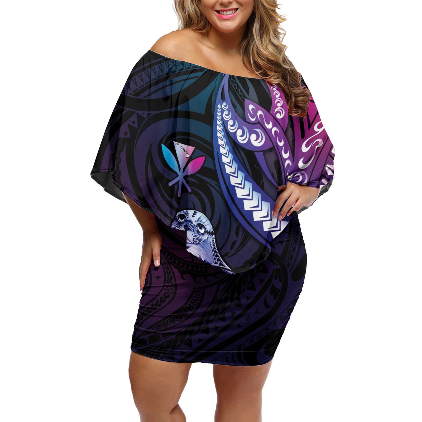 Hawaiian Monk Seal Off Shoulder Short Dress Kakau Tribal Pattern Violet Gradient LT05 Women Violet - Polynesian Pride