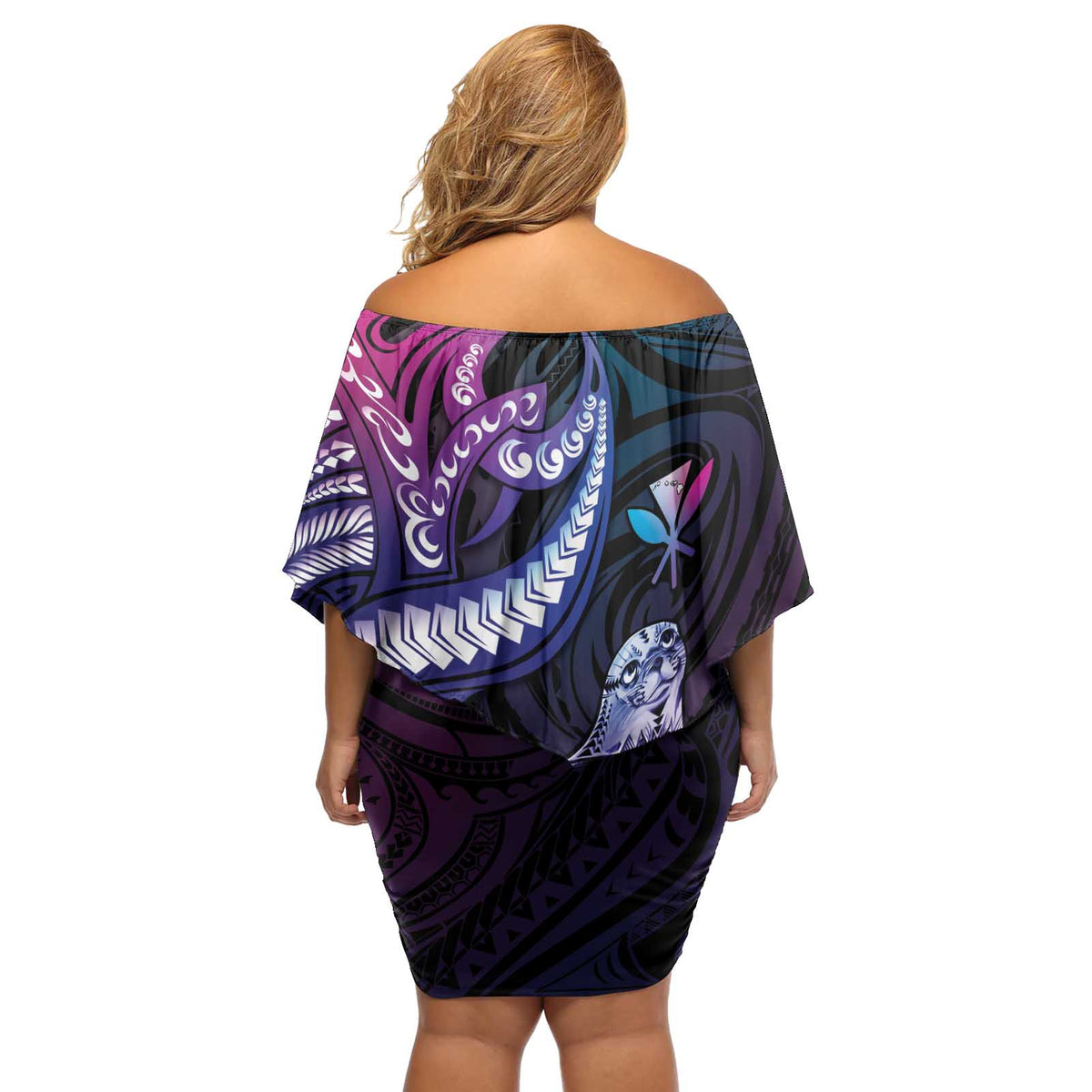 Hawaiian Monk Seal Off Shoulder Short Dress Kakau Tribal Pattern Violet Gradient LT05 - Polynesian Pride