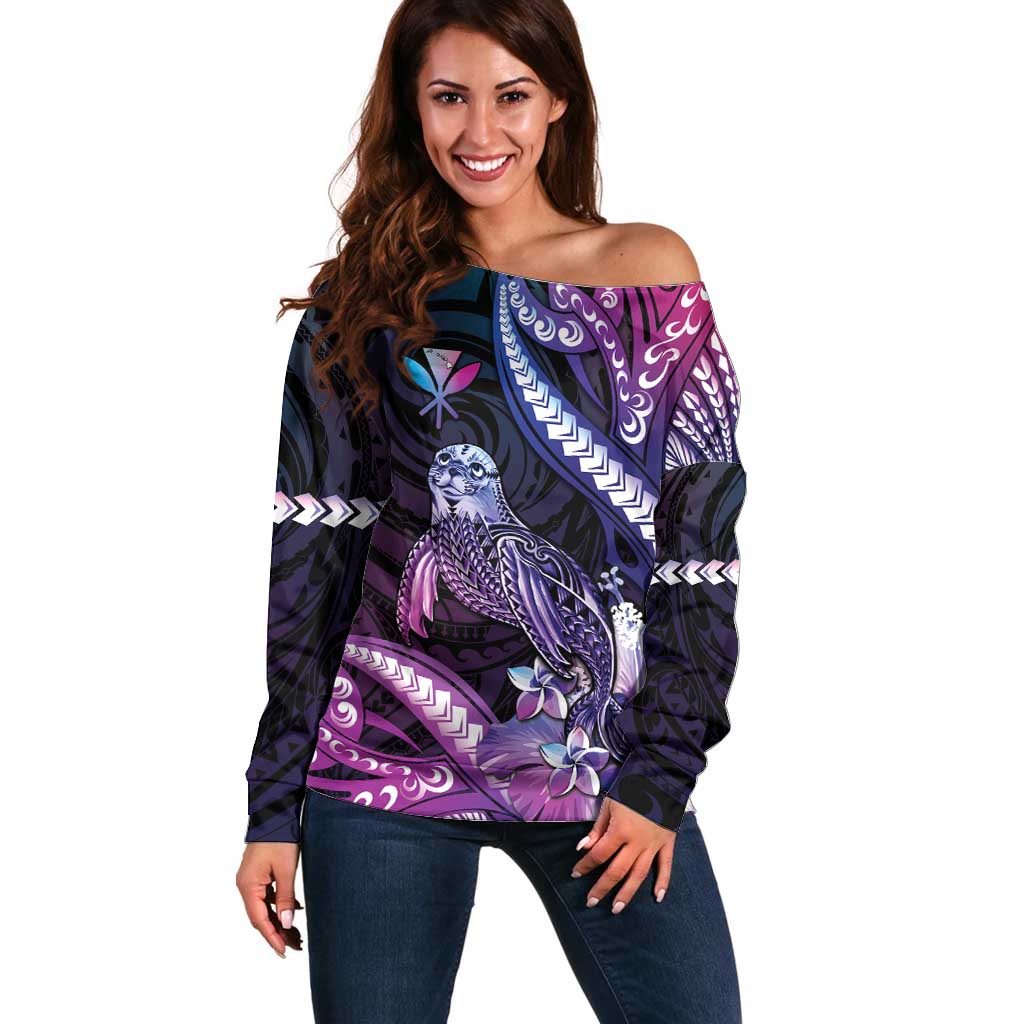 Hawaiian Monk Seal Off Shoulder Sweater Kakau Tribal Pattern Violet Gradient