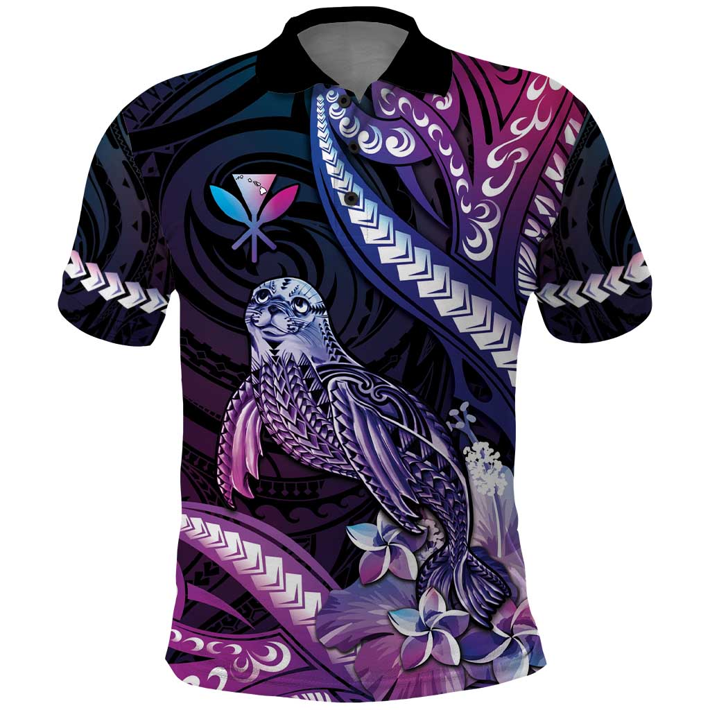 Hawaiian Monk Seal Polo Shirt Kakau Tribal Pattern Violet Gradient