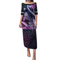 Hawaiian Monk Seal Puletasi Kakau Tribal Pattern Violet Gradient LT05 Long Dress Violet - Polynesian Pride