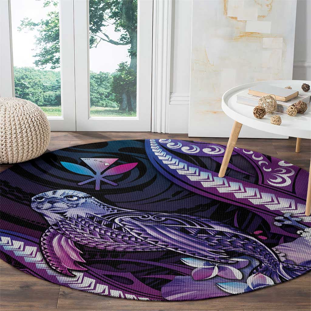 Hawaiian Monk Seal Round Carpet Kakau Tribal Pattern Violet Gradient