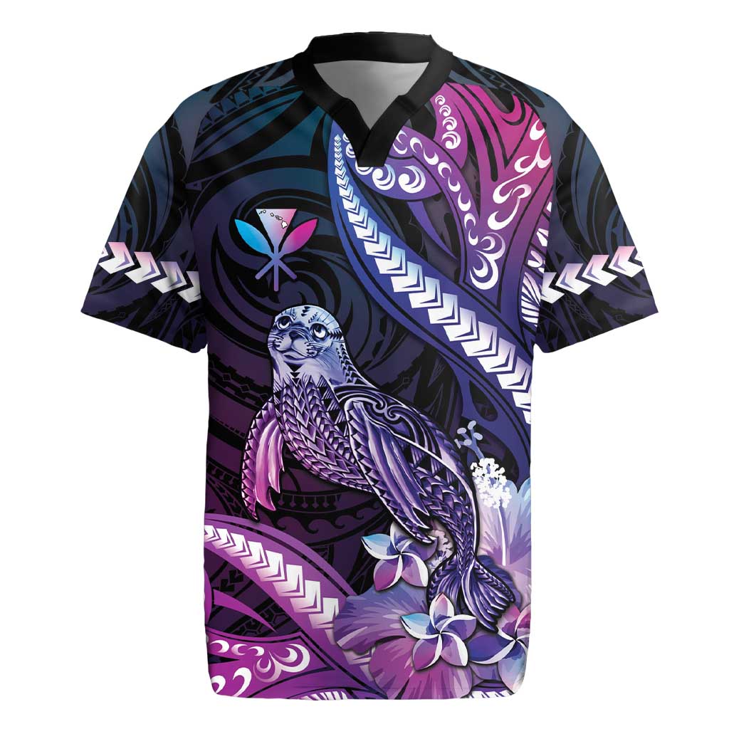 Hawaiian Monk Seal Rugby Jersey Kakau Tribal Pattern Violet Gradient LT05 Violet - Polynesian Pride