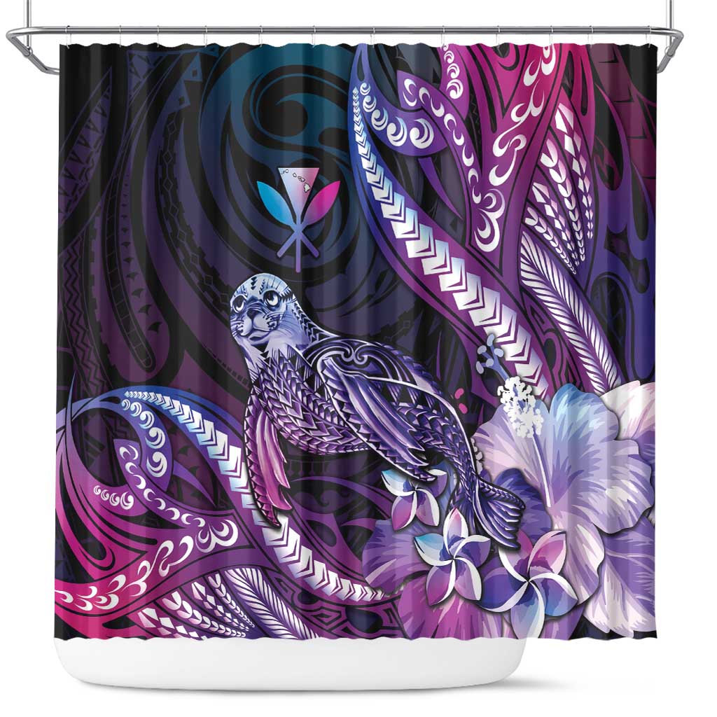 Hawaiian Monk Seal Shower Curtain Kakau Tribal Pattern Violet Gradient