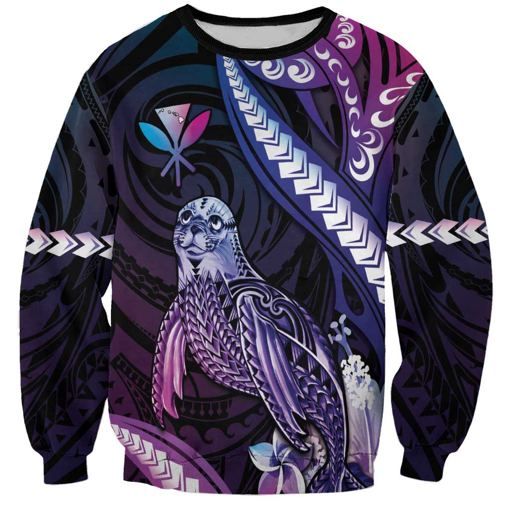 Hawaiian Monk Seal Sweatshirt Kakau Tribal Pattern Violet Gradient LT05 Unisex Violet - Polynesian Pride