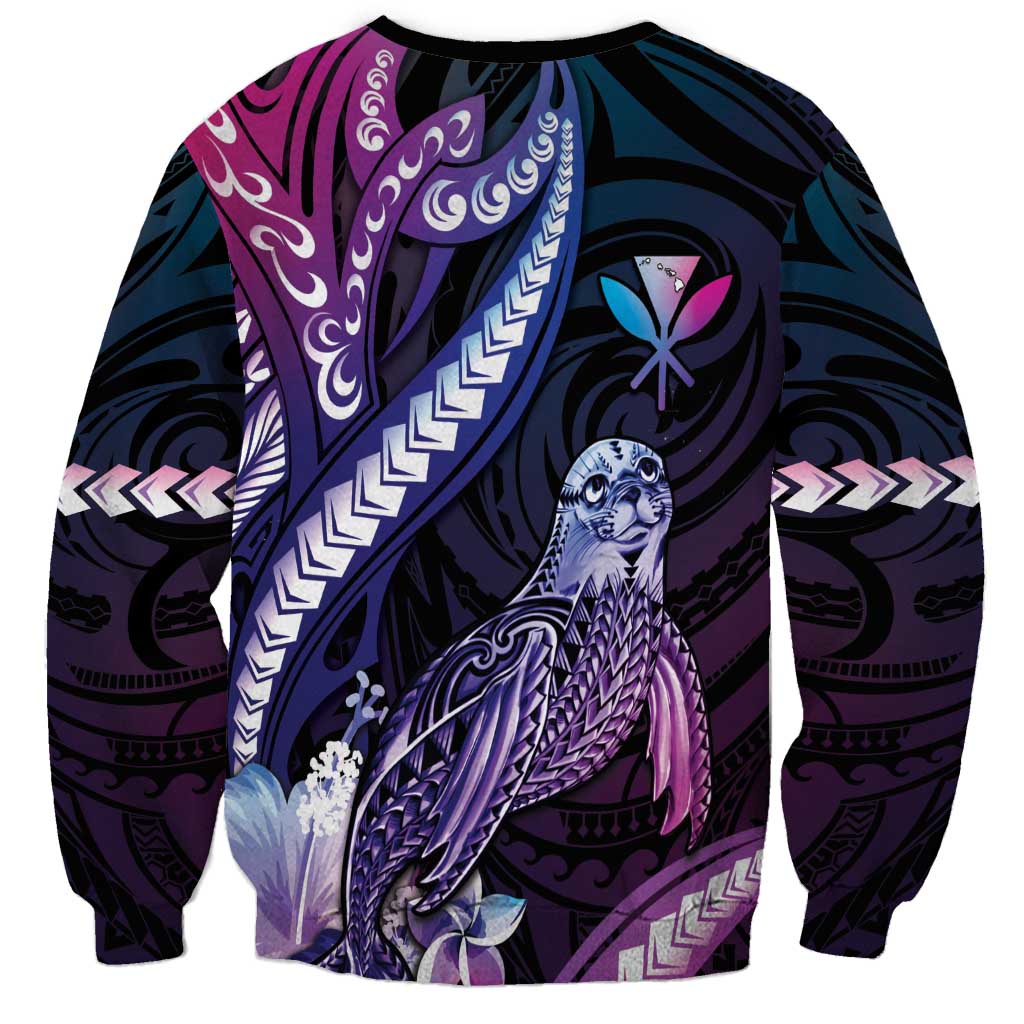 Hawaiian Monk Seal Sweatshirt Kakau Tribal Pattern Violet Gradient LT05 - Polynesian Pride