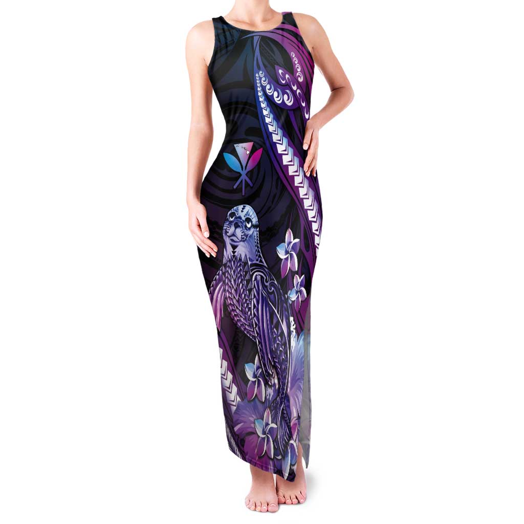 Hawaiian Monk Seal Tank Maxi Dress Kakau Tribal Pattern Violet Gradient LT05 Women Violet - Polynesian Pride