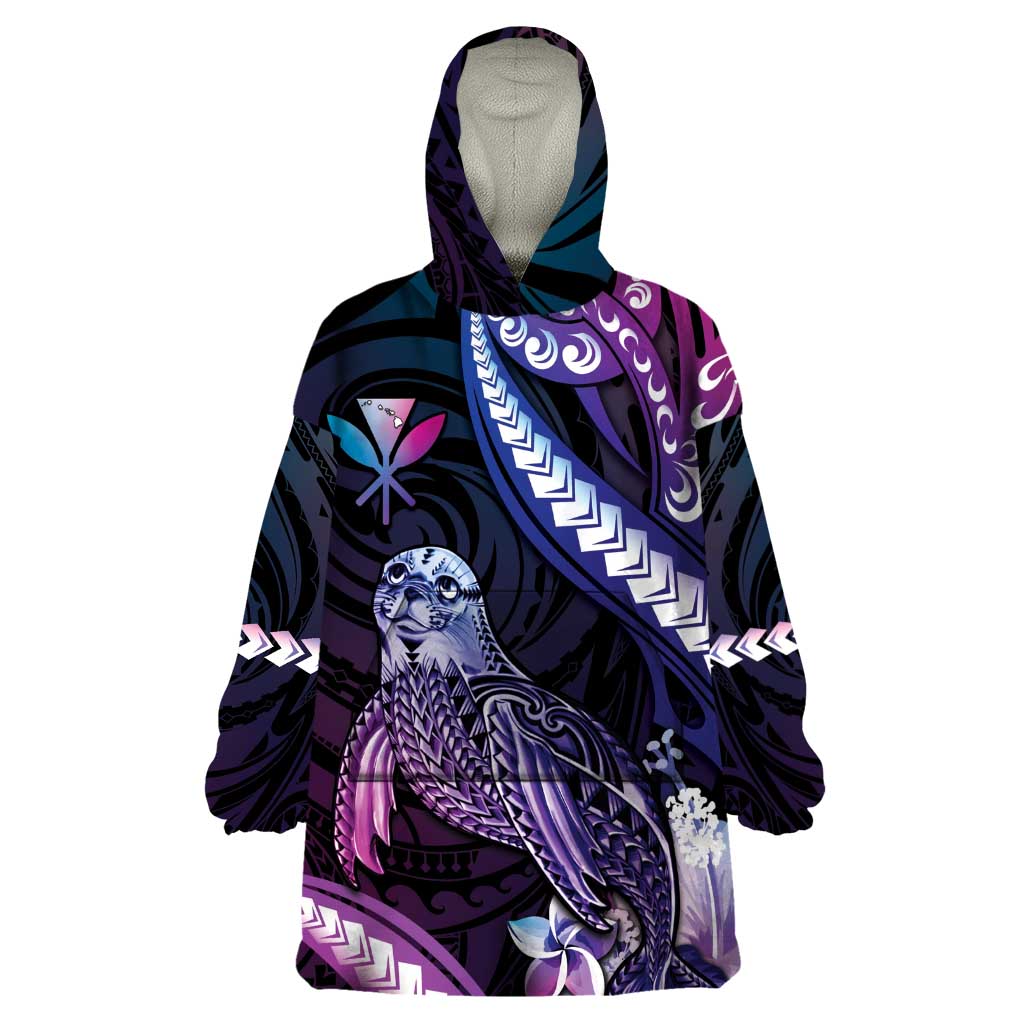 Hawaiian Monk Seal Wearable Blanket Hoodie Kakau Tribal Pattern Violet Gradient LT05 One Size Violet - Polynesian Pride