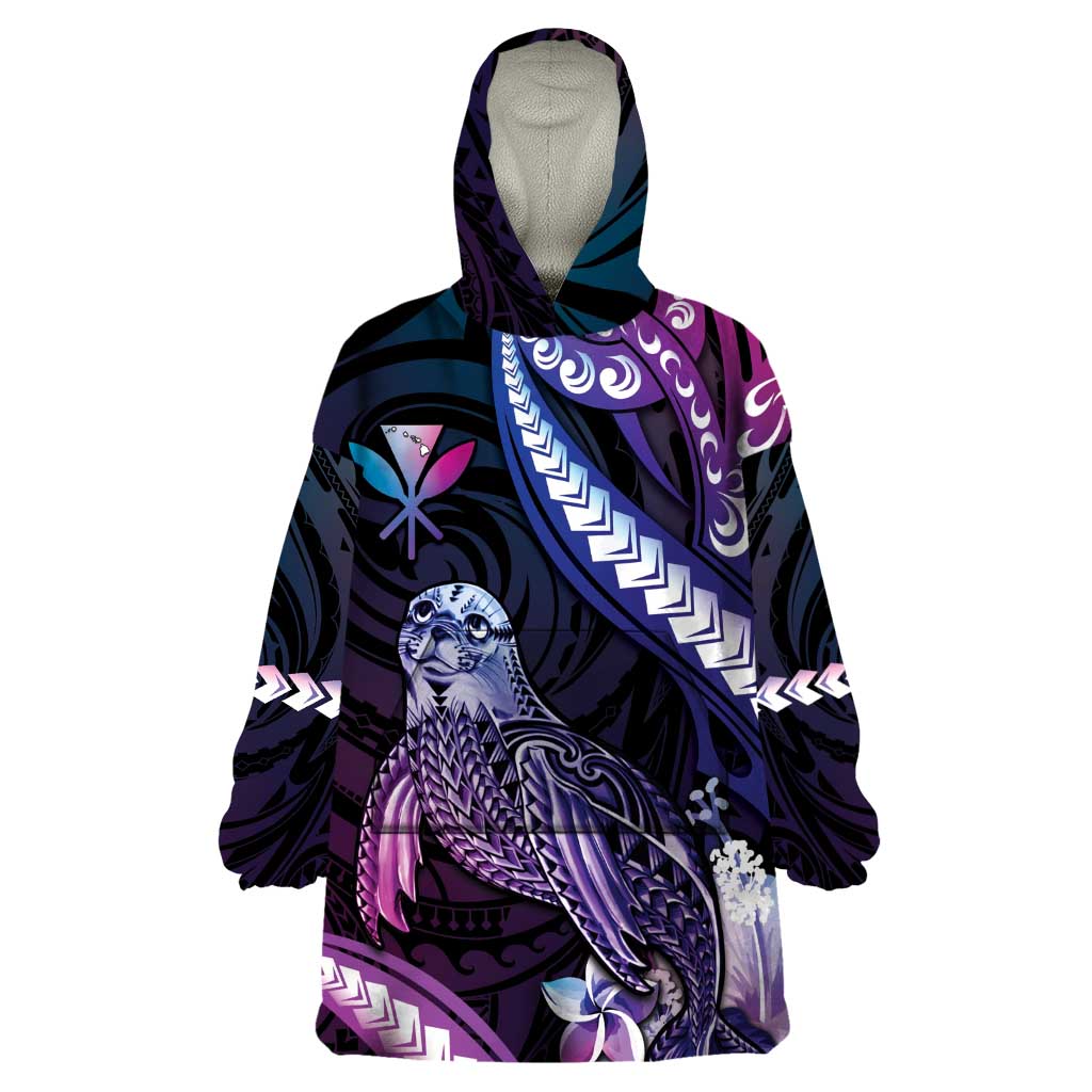 Hawaiian Monk Seal Wearable Blanket Hoodie Kakau Tribal Pattern Violet Gradient