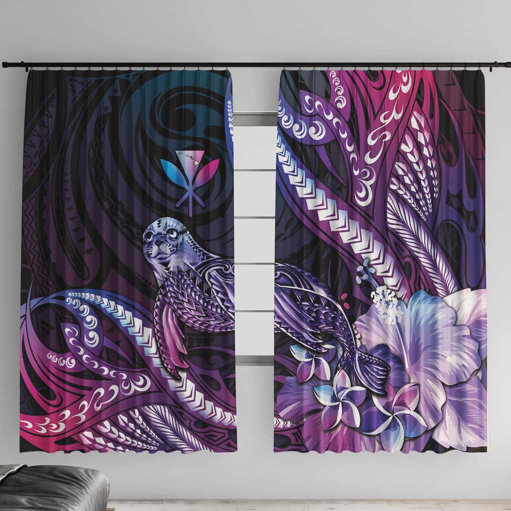 Hawaiian Monk Seal Window Curtain Kakau Tribal Pattern Violet Gradient