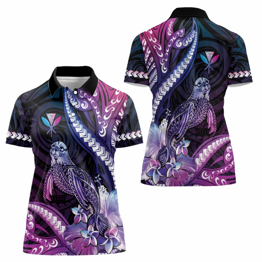 Hawaiian Monk Seal Women Polo Shirt Kakau Tribal Pattern Violet Gradient