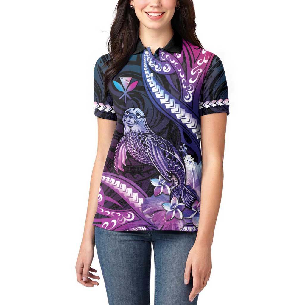 Hawaiian Monk Seal Women Polo Shirt Kakau Tribal Pattern Violet Gradient