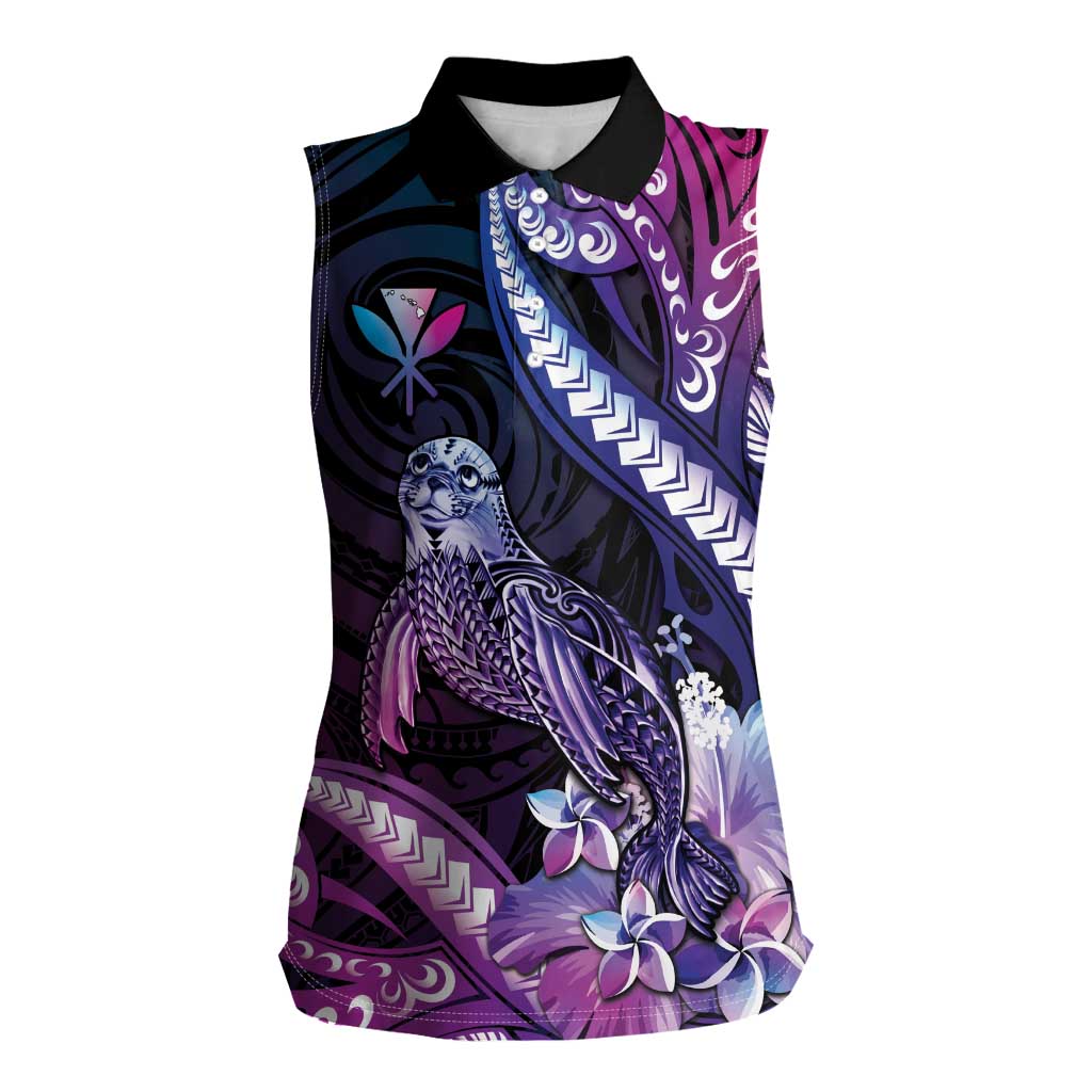 Hawaiian Monk Seal Women Sleeveless Polo Shirt Kakau Tribal Pattern Violet Gradient