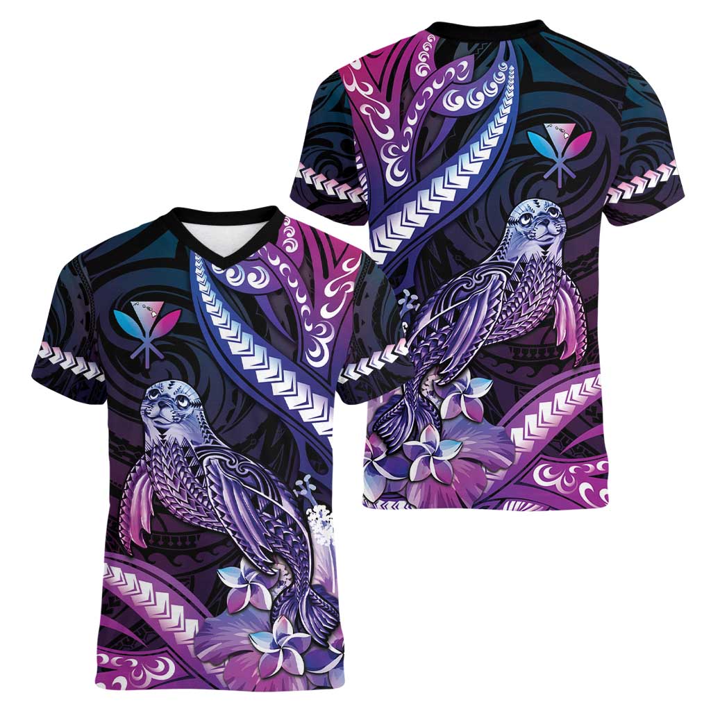 Hawaiian Monk Seal Women V-Neck T-Shirt Kakau Tribal Pattern Violet Gradient