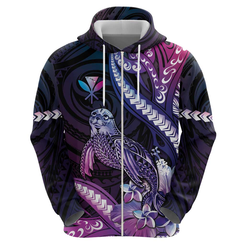 Hawaiian Monk Seal Zip Hoodie Kakau Tribal Pattern Violet Gradient
