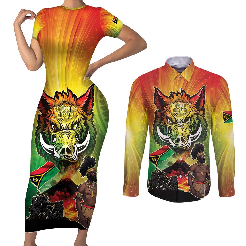 Vanuatu July 30th 1980 Couples Matching Short Sleeve Bodycon Dress and Long Sleeve Button Shirt Happy Independence Day LT05 Reggae - Polynesian Pride