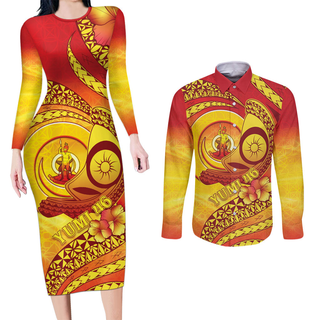 Vanuatu 46 Yia Indipendens Anivesari Couples Matching Long Sleeve Bodycon Dress and Long Sleeve Button Shirt Tamtam Drum With Boar Tusk LT05 Yellow - Polynesian Pride