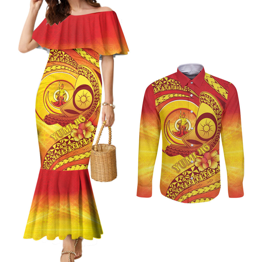 Vanuatu 46 Yia Indipendens Anivesari Couples Matching Mermaid Dress and Long Sleeve Button Shirt Tamtam Drum With Boar Tusk LT05 Yellow - Polynesian Pride