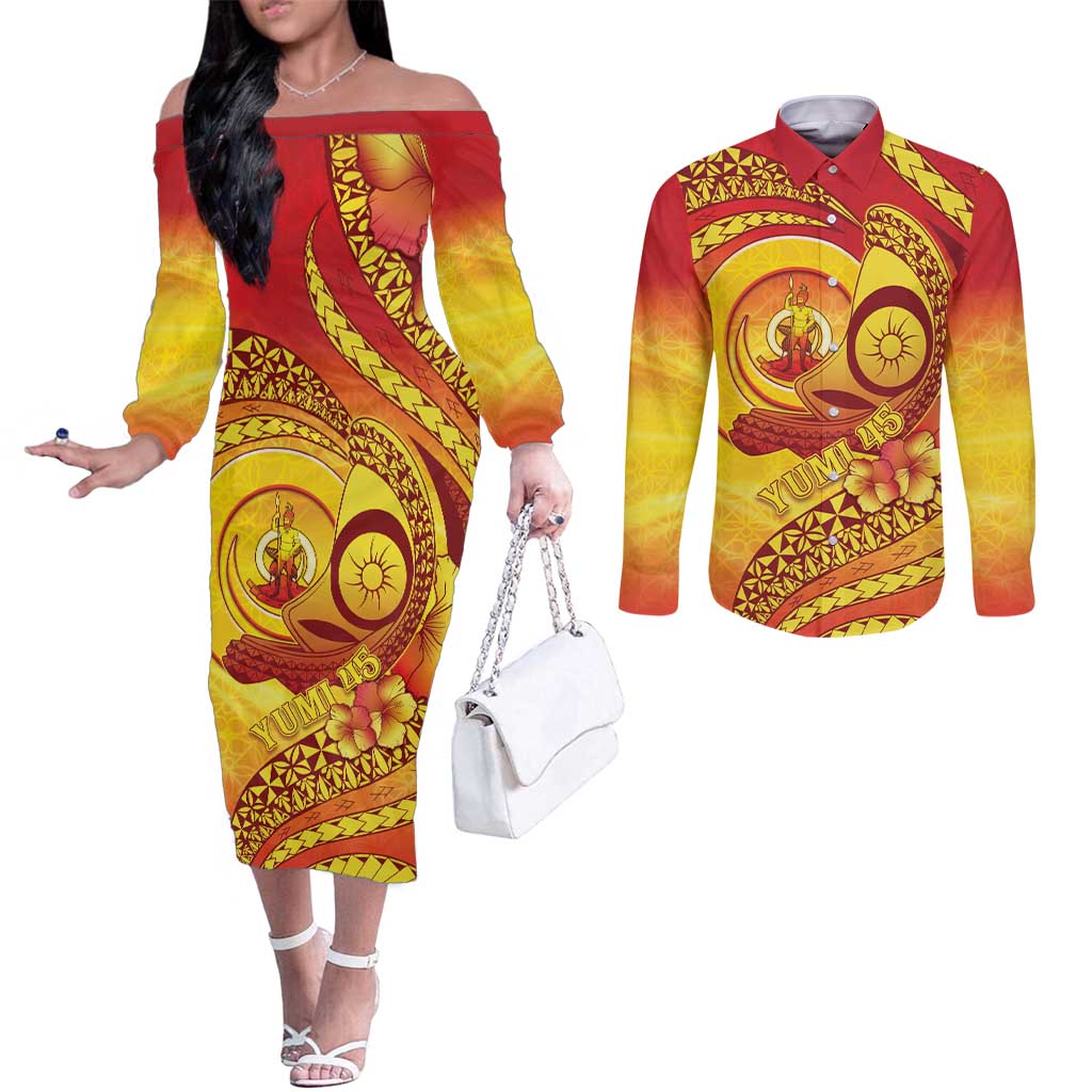 Vanuatu 45 Yia Indipendens Anivesari Couples Matching Off The Shoulder Long Sleeve Dress and Long Sleeve Button Shirt Tamtam Drum With Boar Tusk LT05 Yellow - Polynesian Pride