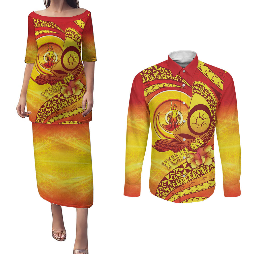 Vanuatu 46 Yia Indipendens Anivesari Couples Matching Puletasi and Long Sleeve Button Shirt Tamtam Drum With Boar Tusk LT05 Yellow - Polynesian Pride